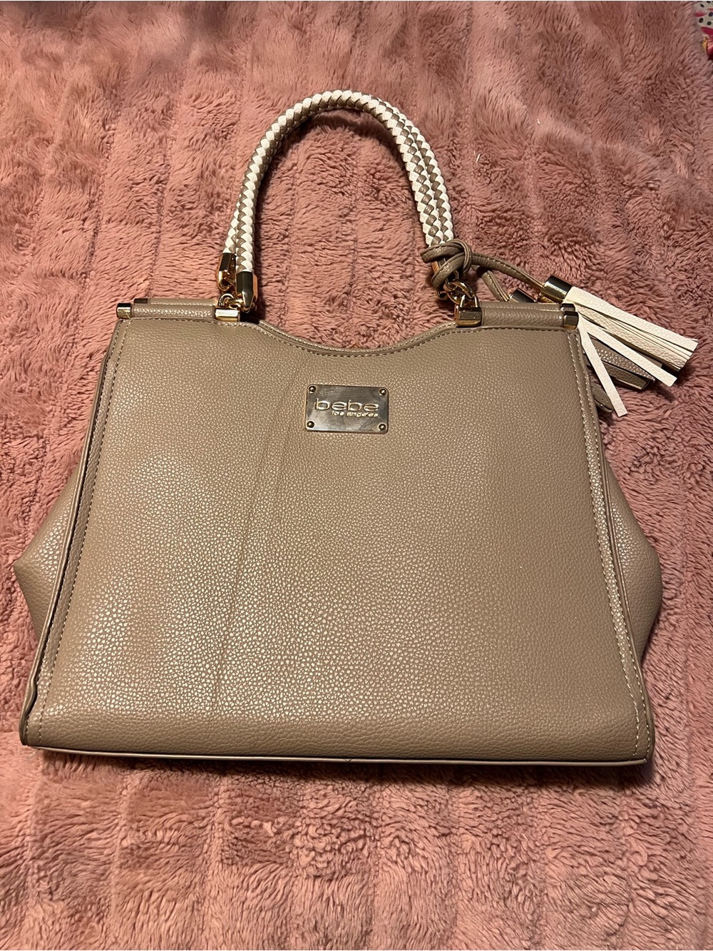 bebe Taupe Pebble Leather Tote with White Braided Handles